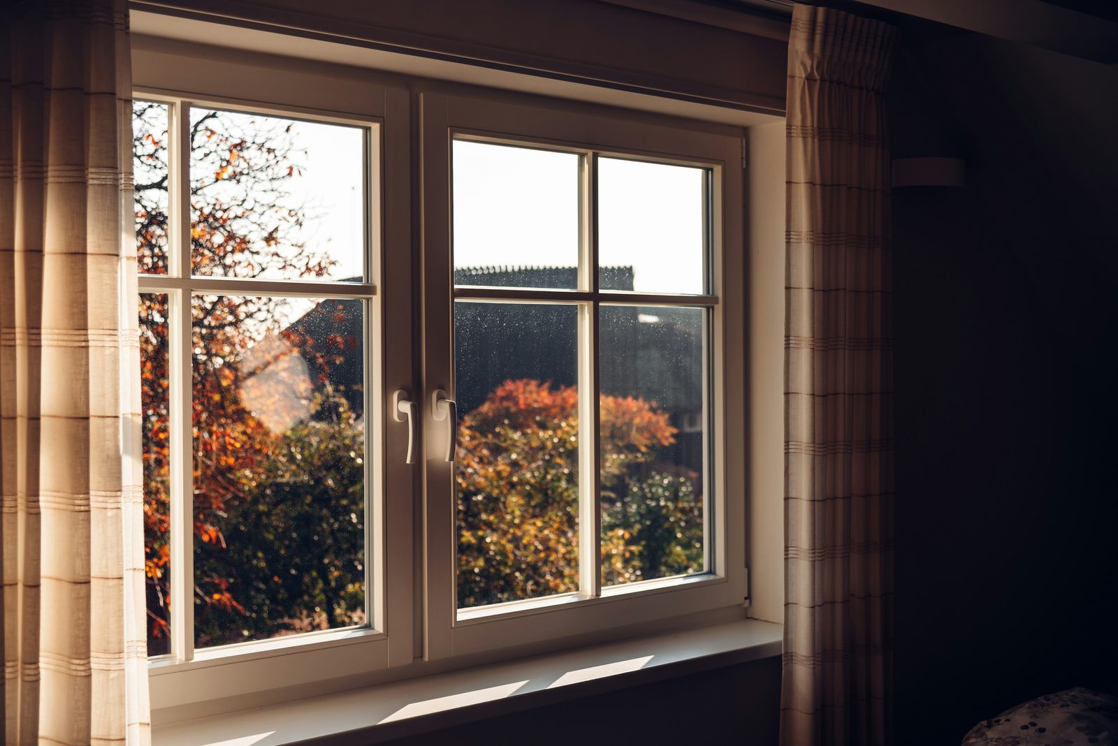 Wood casement window open to an autumn garden
